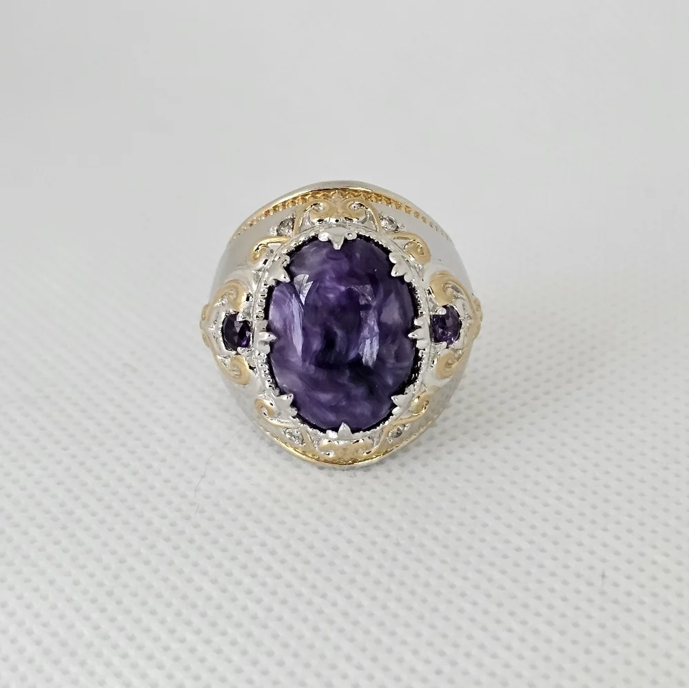 Genuine Charoite & Amethyst Ring Palladium Sterling Silver 18k YG Size 6.5! - Picture 6 of 9